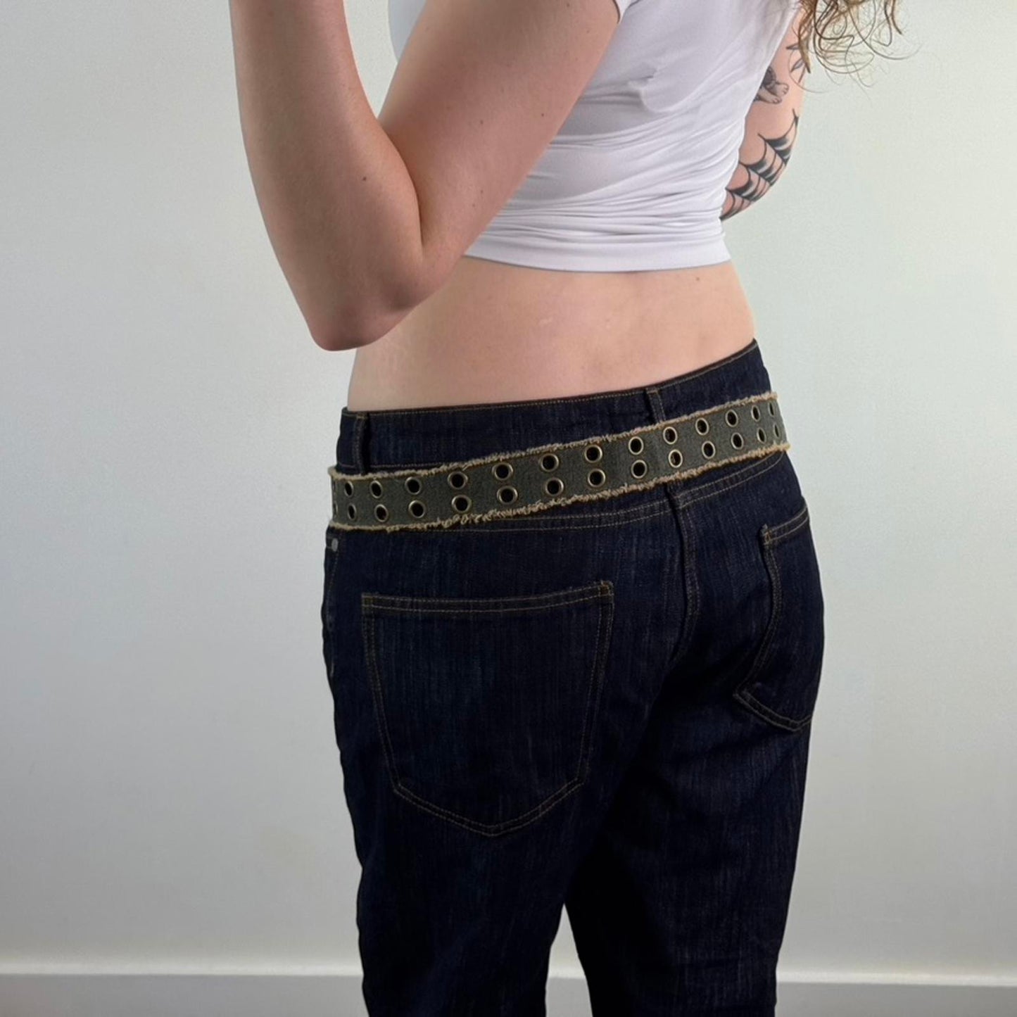 Y2K vintage denim grommet fraying hem belt faux leather lined