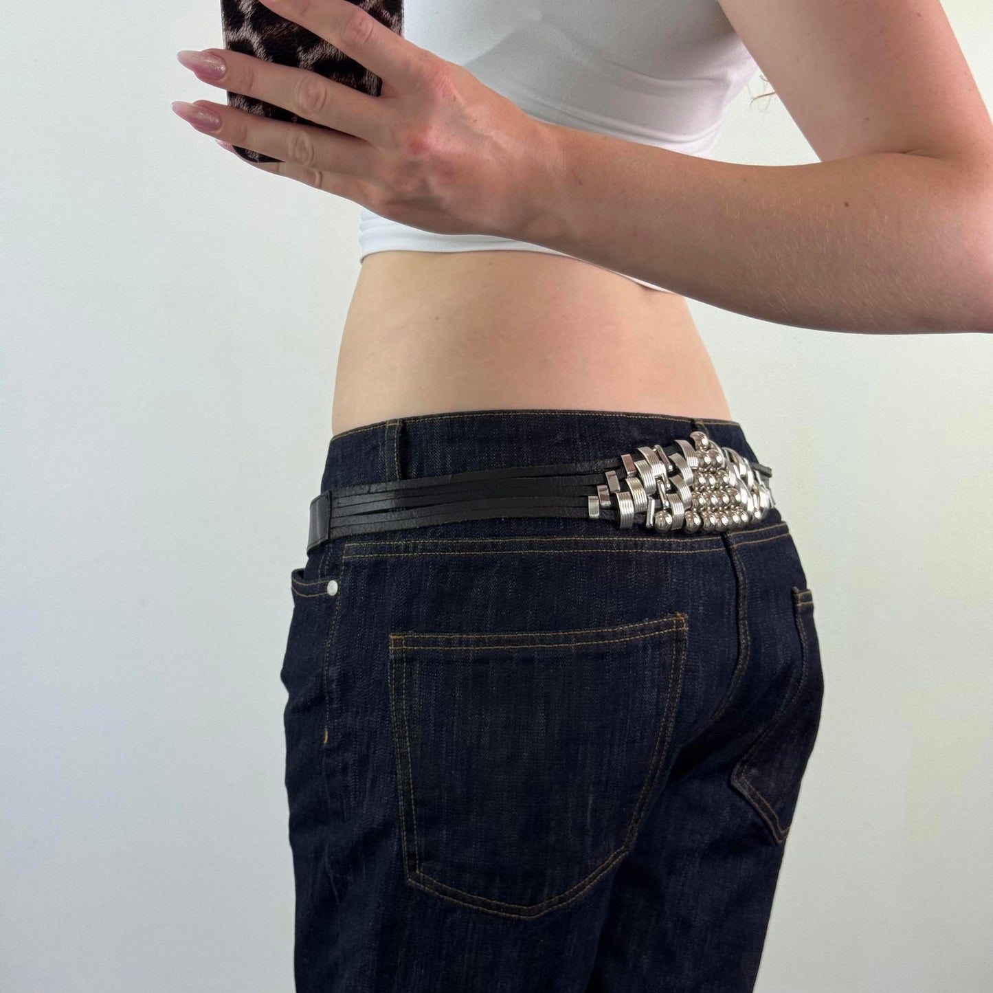 Y2K vintage faux leather silver beaded charm embellished black