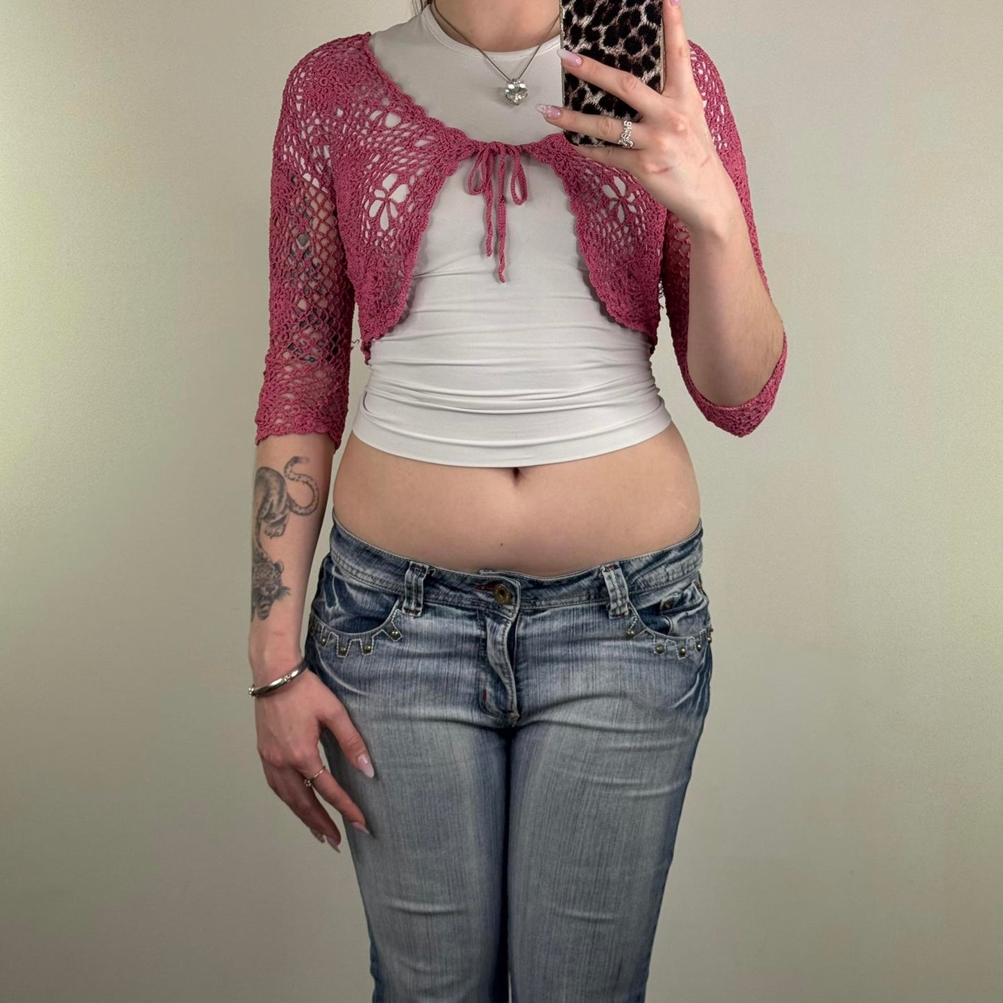 Y2K vintage Principles crochet cropped cardigan floral knit bow sheer 3/4 sleeve