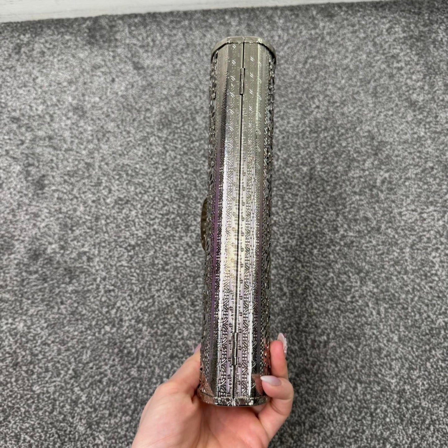 Silver tone ornate metal evening clutch bag with handle baguette long small