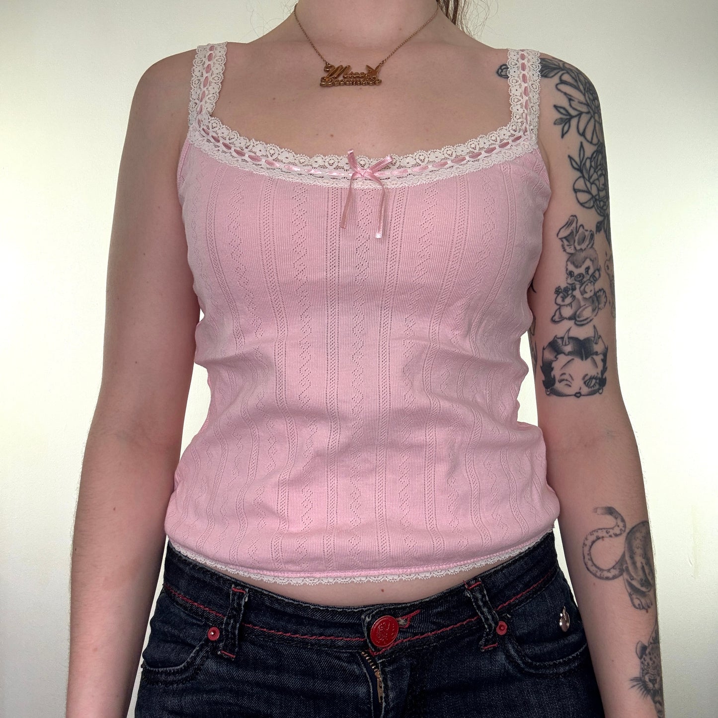 Y2K vintage pink lace trim knitted bow cami top