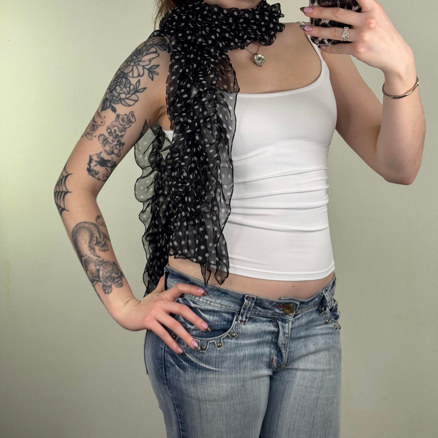 Y2K vintage sheer polka dot scarf ruffle frilly black white monochrome