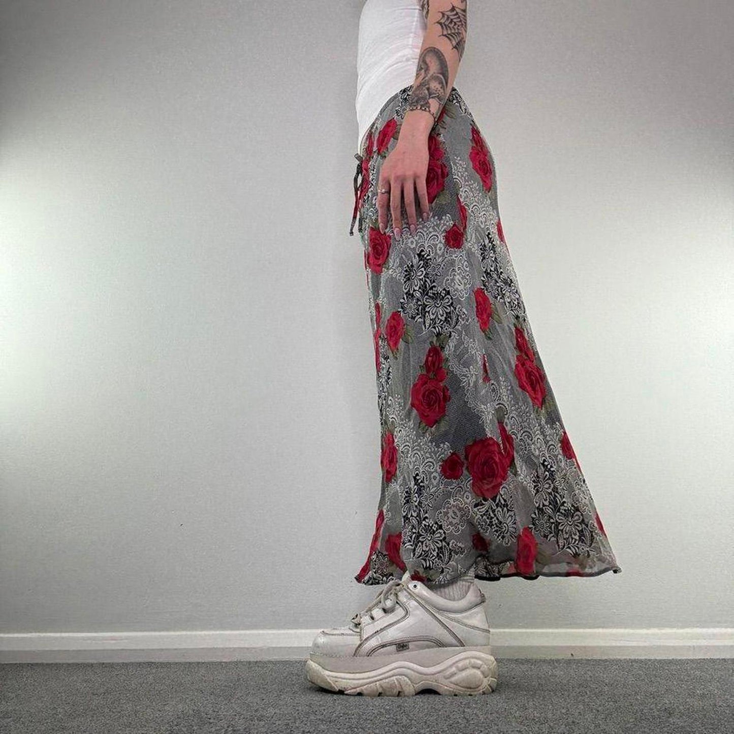 Y2K vintage patchwork lace style rose floral pattern bow maxi skirt stretchy
