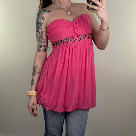 Y2K vintage strapless peplum top studded ruched mesh overlay pink 2010s