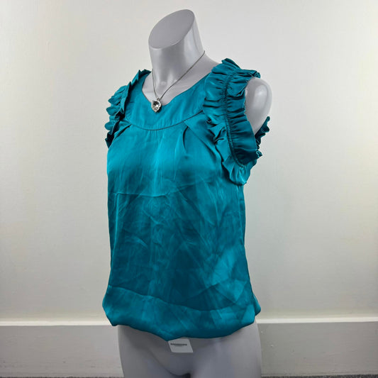 Y2K vintage sleeveless blouse bubble hem ruched ruffle round neck keyhole