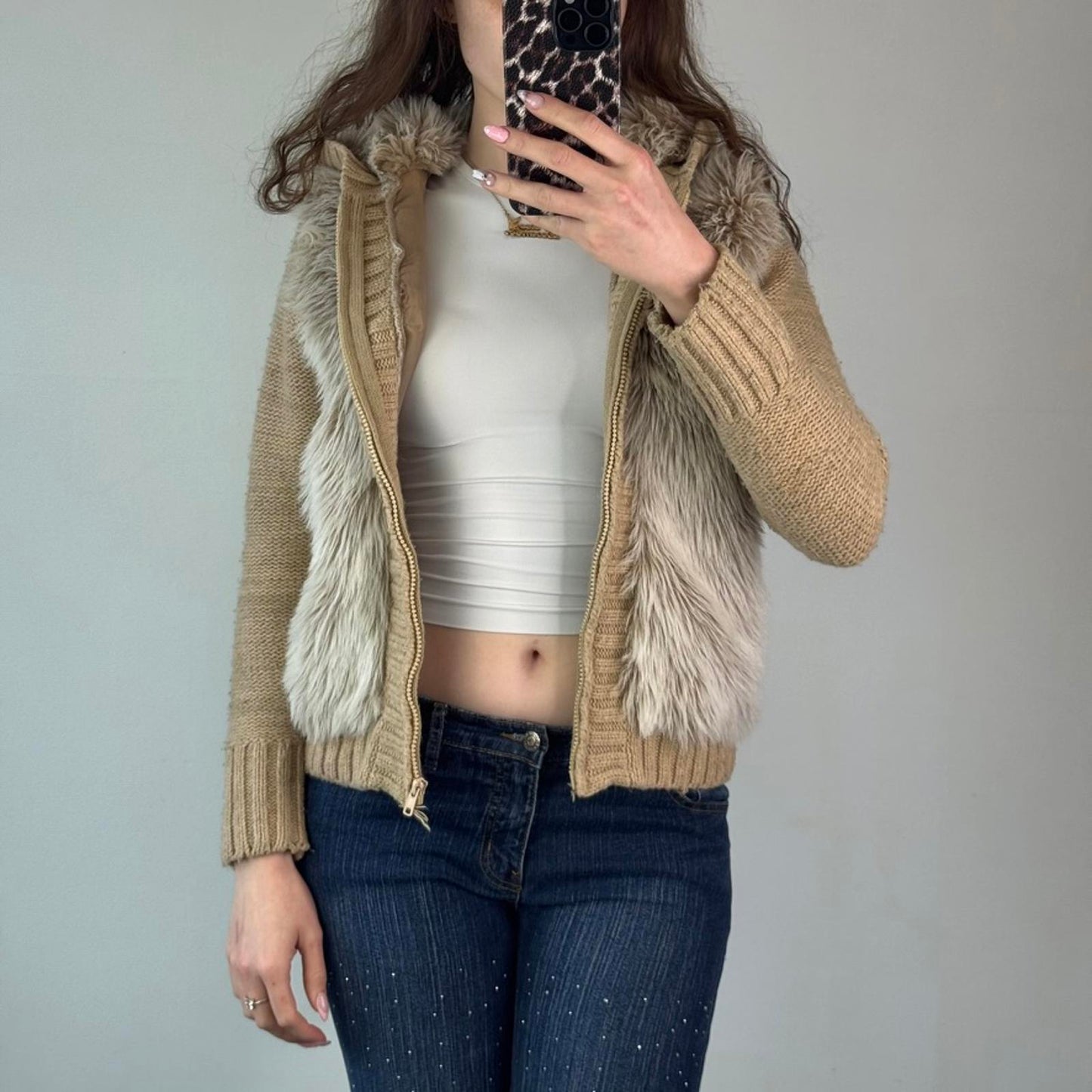 Y2K vintage faux fur zip up chunky knit hoodie mcbling