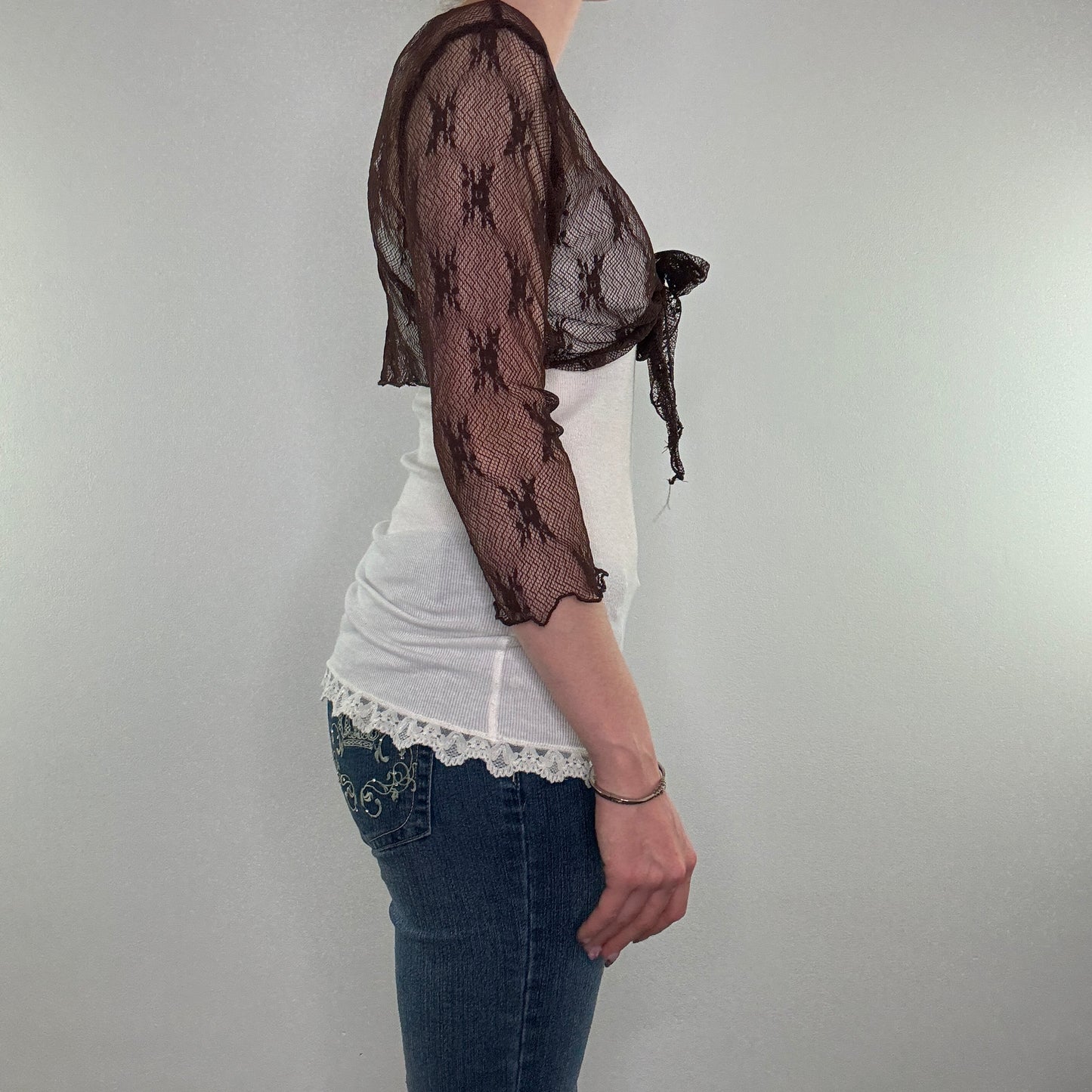 Y2K vintage lace floral mesh cardigan tie front