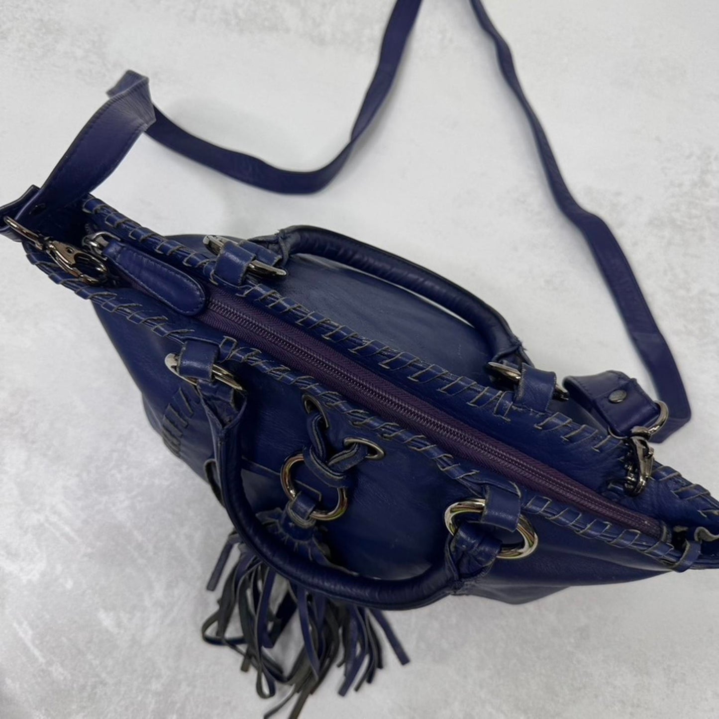 Y2K vintage genuine leather mini handbag with shoulder strap fringe woven purple