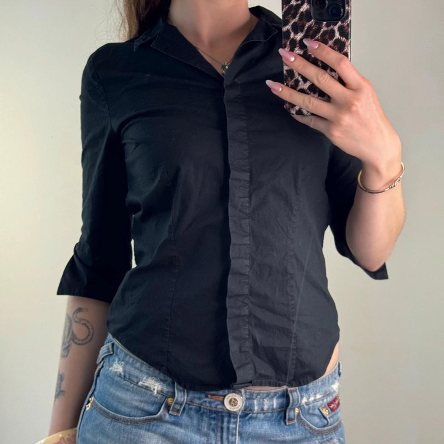 Y2K vintage fitted stretchy button up blouse shirt 3/4 sleeve
