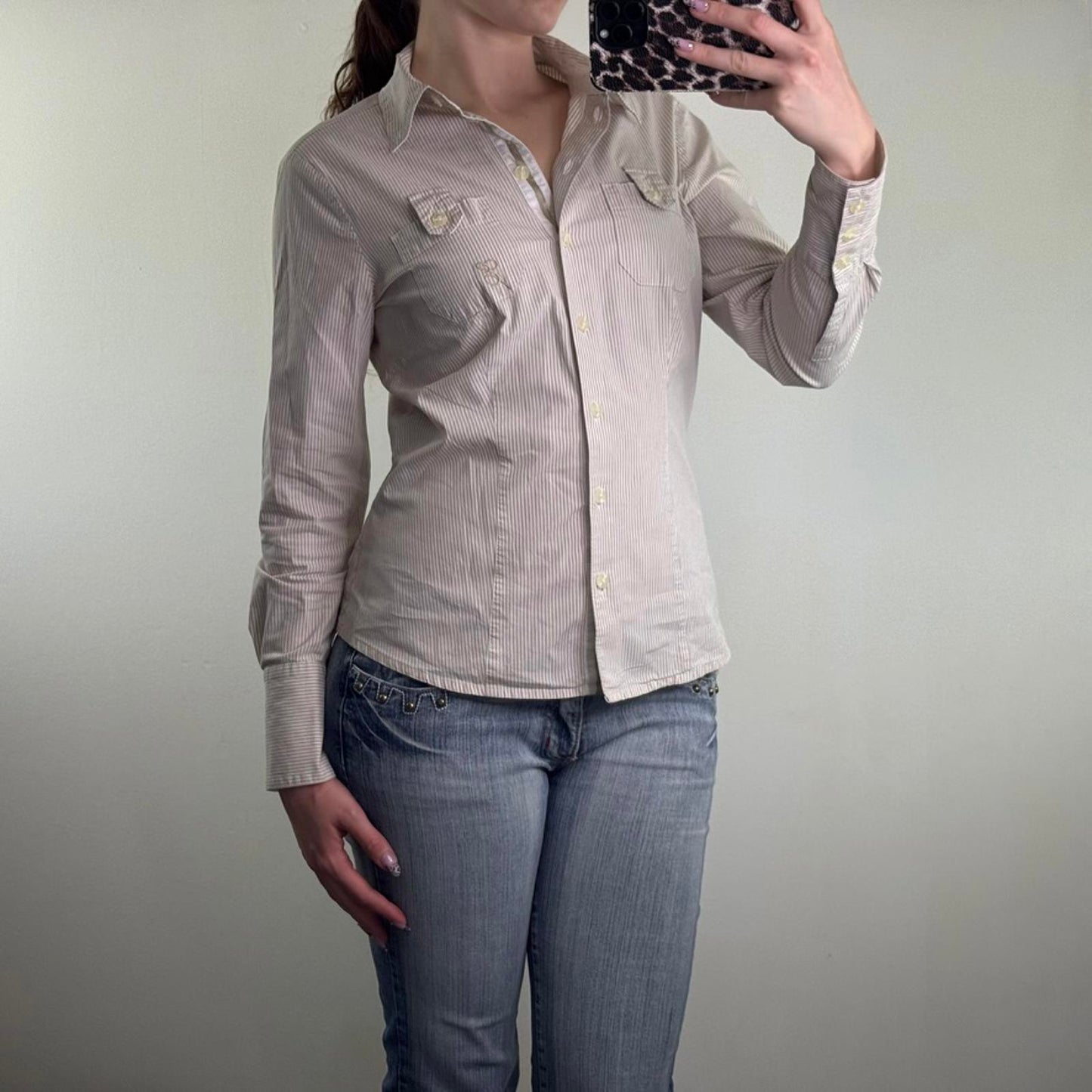 Y2K vintage stretchy button up long sleeve shirt pinstripe tailored cargo pocket