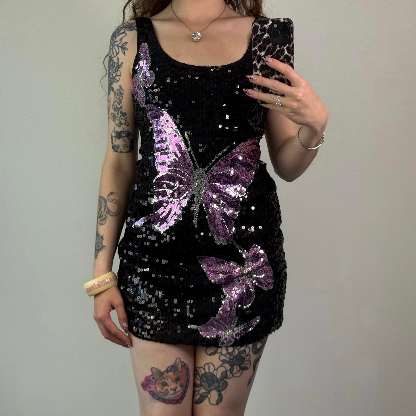 Y2K vintage sequin butterfly mini dress black purple mesh round neck festival