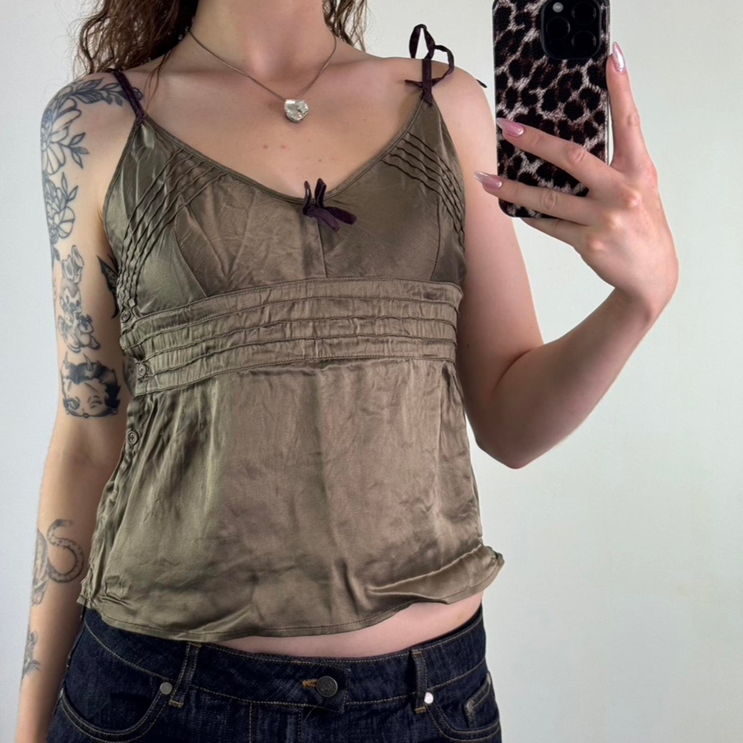 Y2K vintage part silk cami top flowy floaty adjustable bow straps khaki v neck