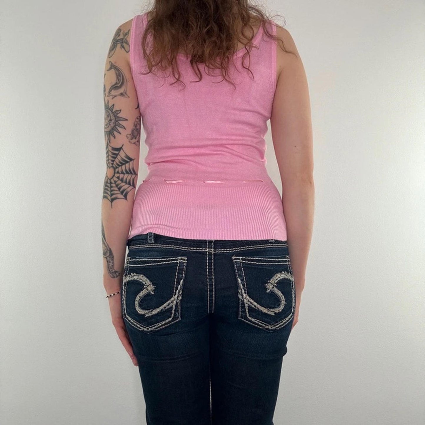 Y2K vintage fine knit bow tank top round neck stretchy fitted stripe baby pink