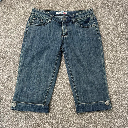 Y2K vintage low rise faded denim capri jeans cropped buttons embroidered