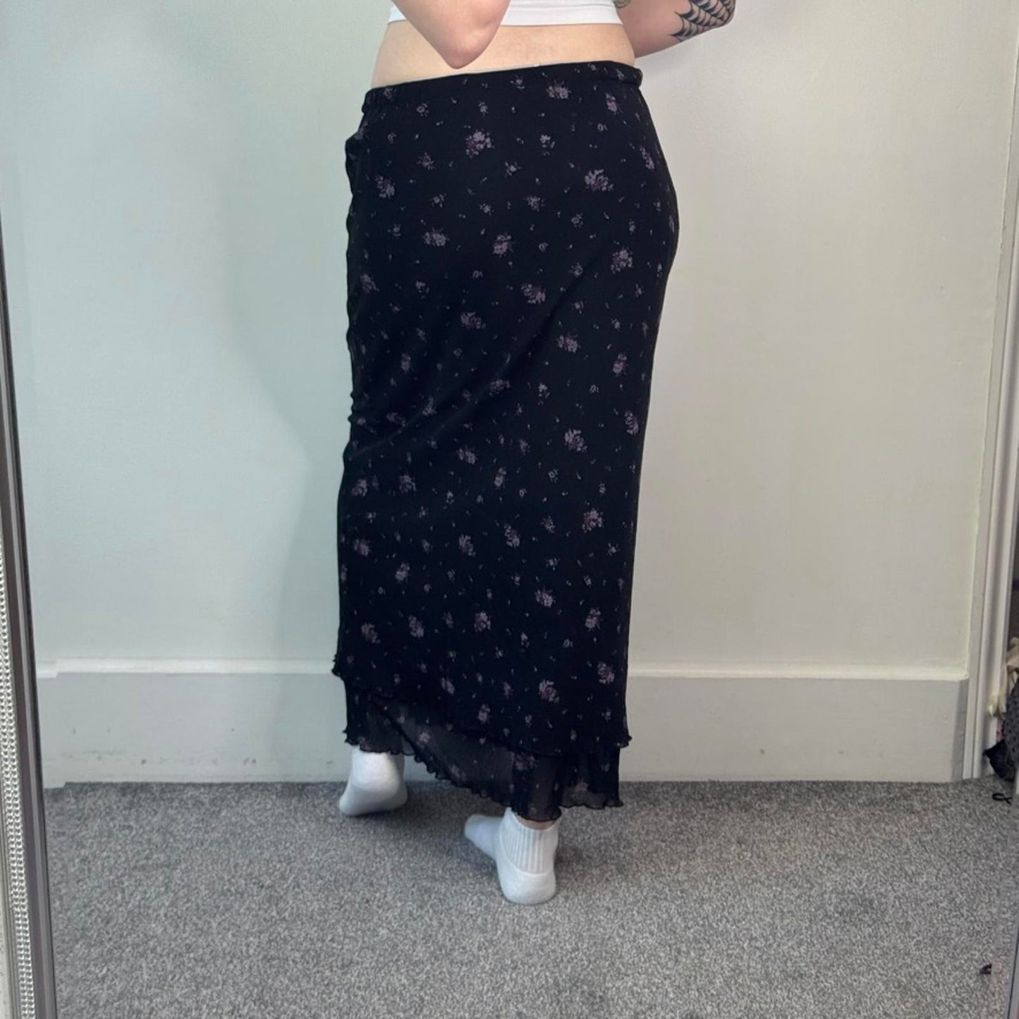 Y2K vintage black ditsy lilac floral double mesh overlay maxi skirt lettuce hem