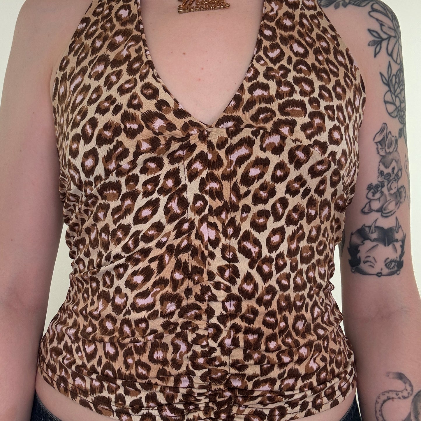 Y2K vintage leopard print halter neck ruched top