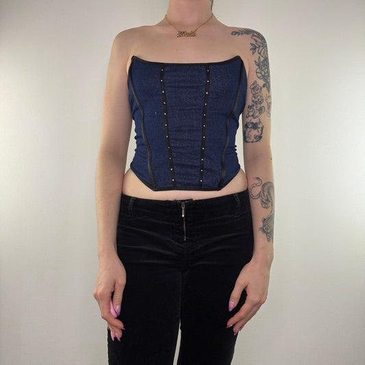 Y2K vintage sparkly denim top corset boned rhinestone strapless