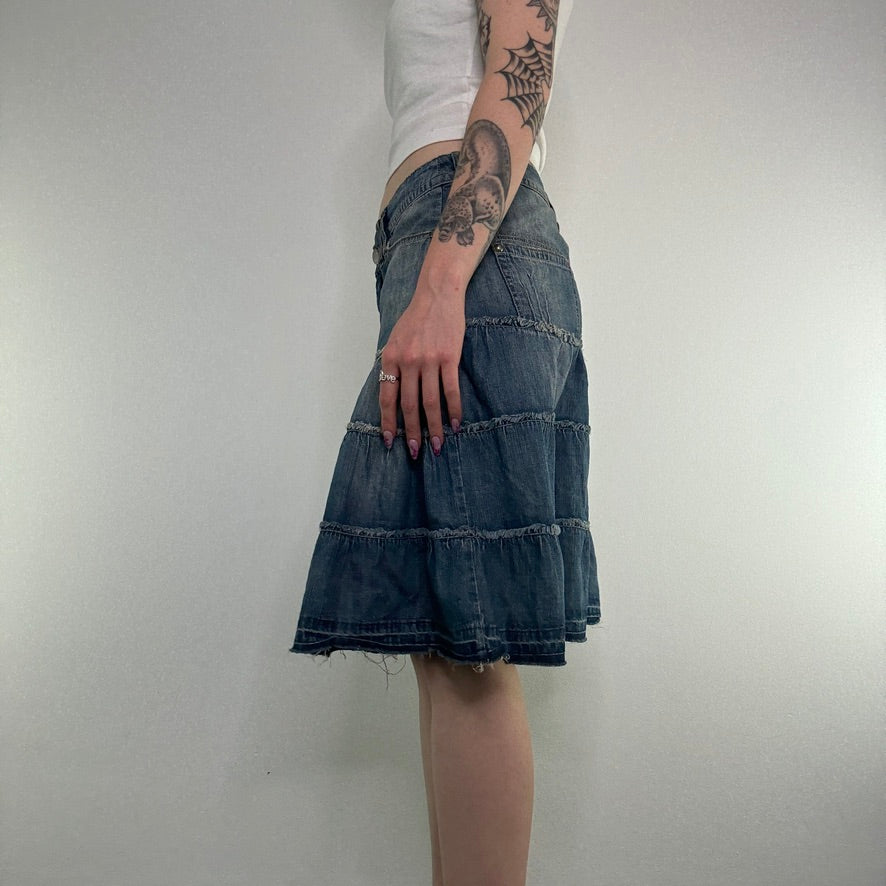 Y2K low rise faded denim tiered midi skirt