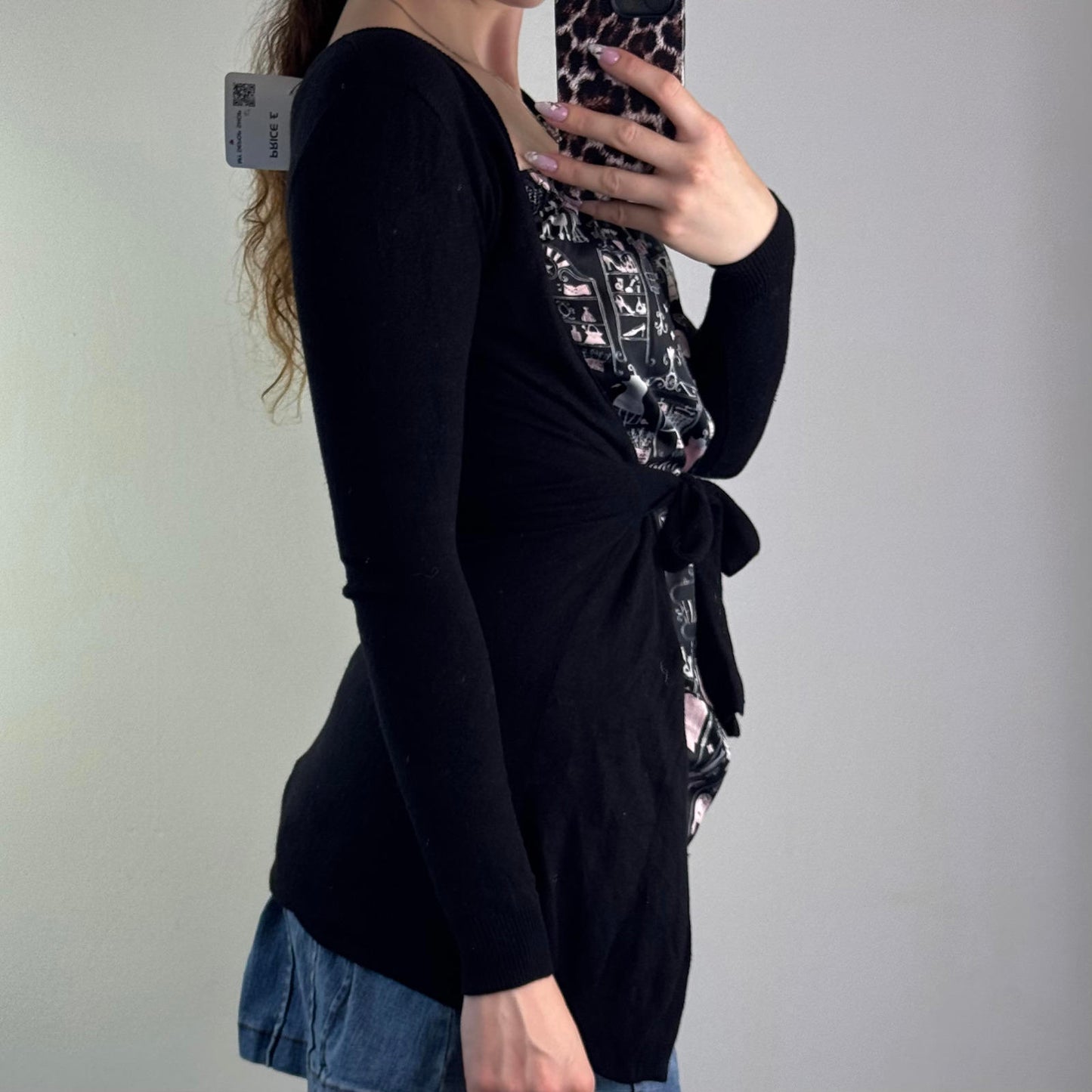 Y2K vintage Killah long sleeve knit top built in cardigan with belt satin print