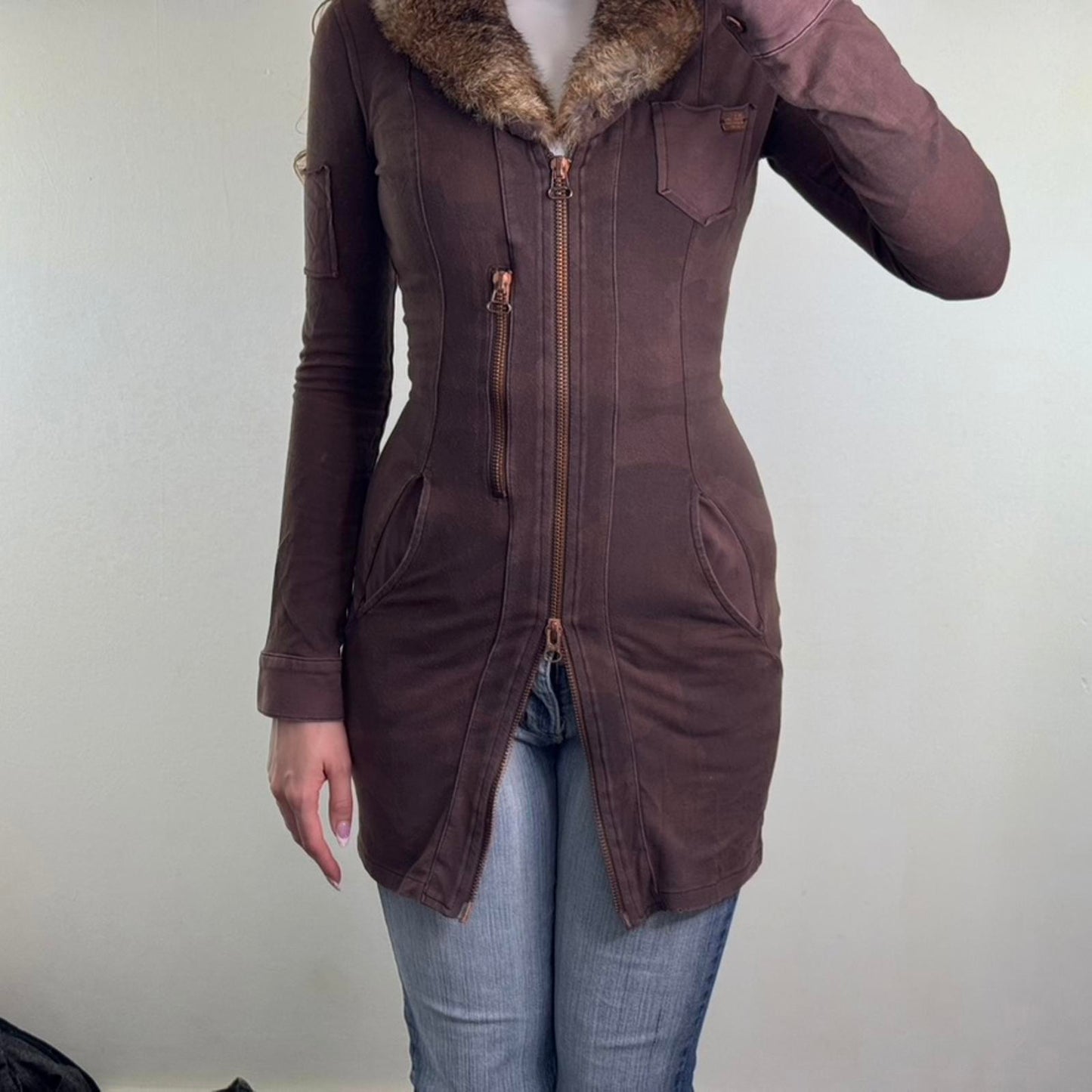 Y2K vintage genuine lapin rabbit fur fitted zip up hoodie camo print archive