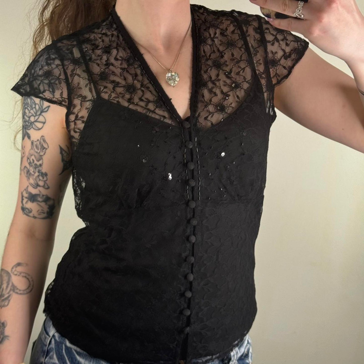 Y2K vintage blouse with cami sheer mesh beaded embellished button up cap sleeve