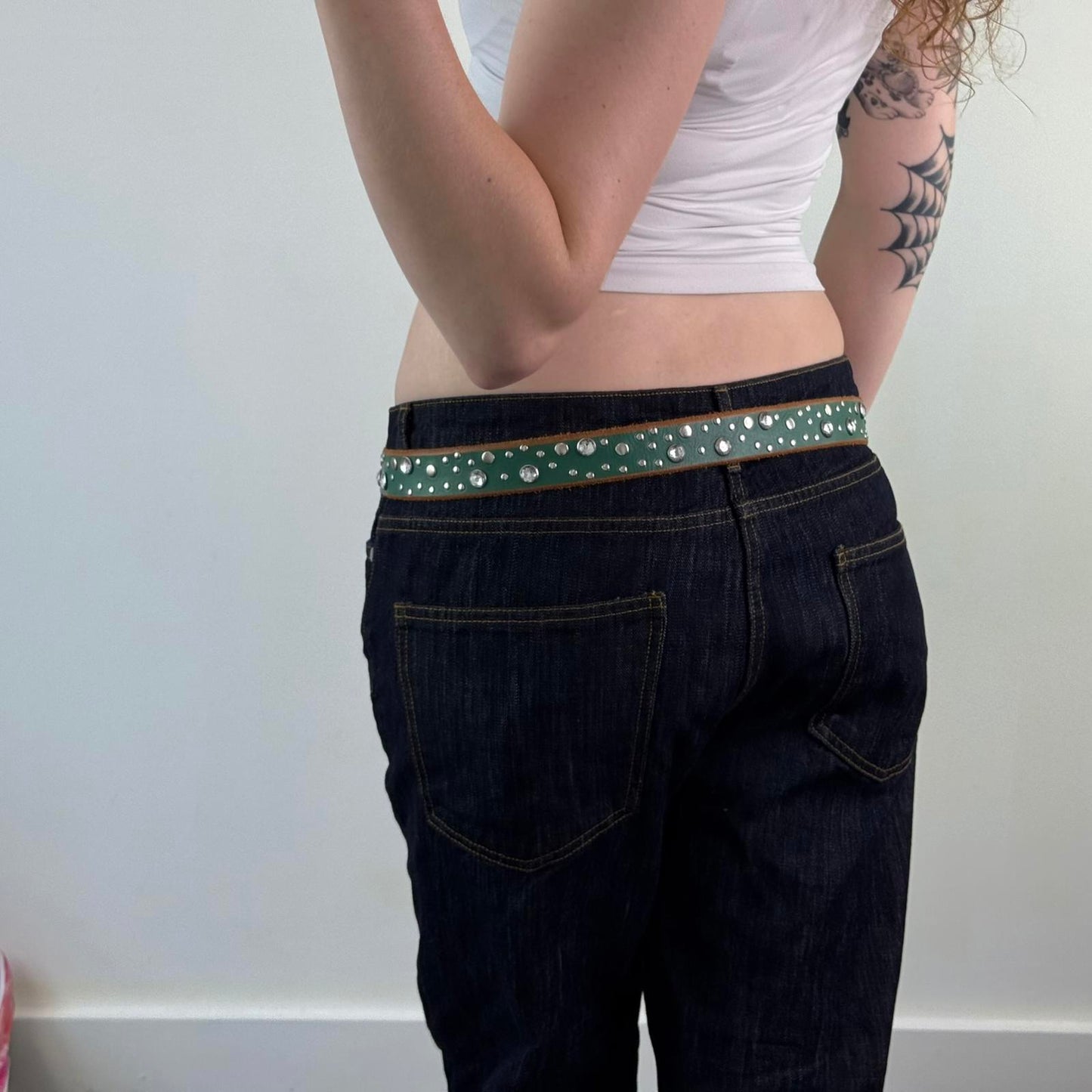 Y2K vintage studded rhinestone belt faux leather green silver embellished