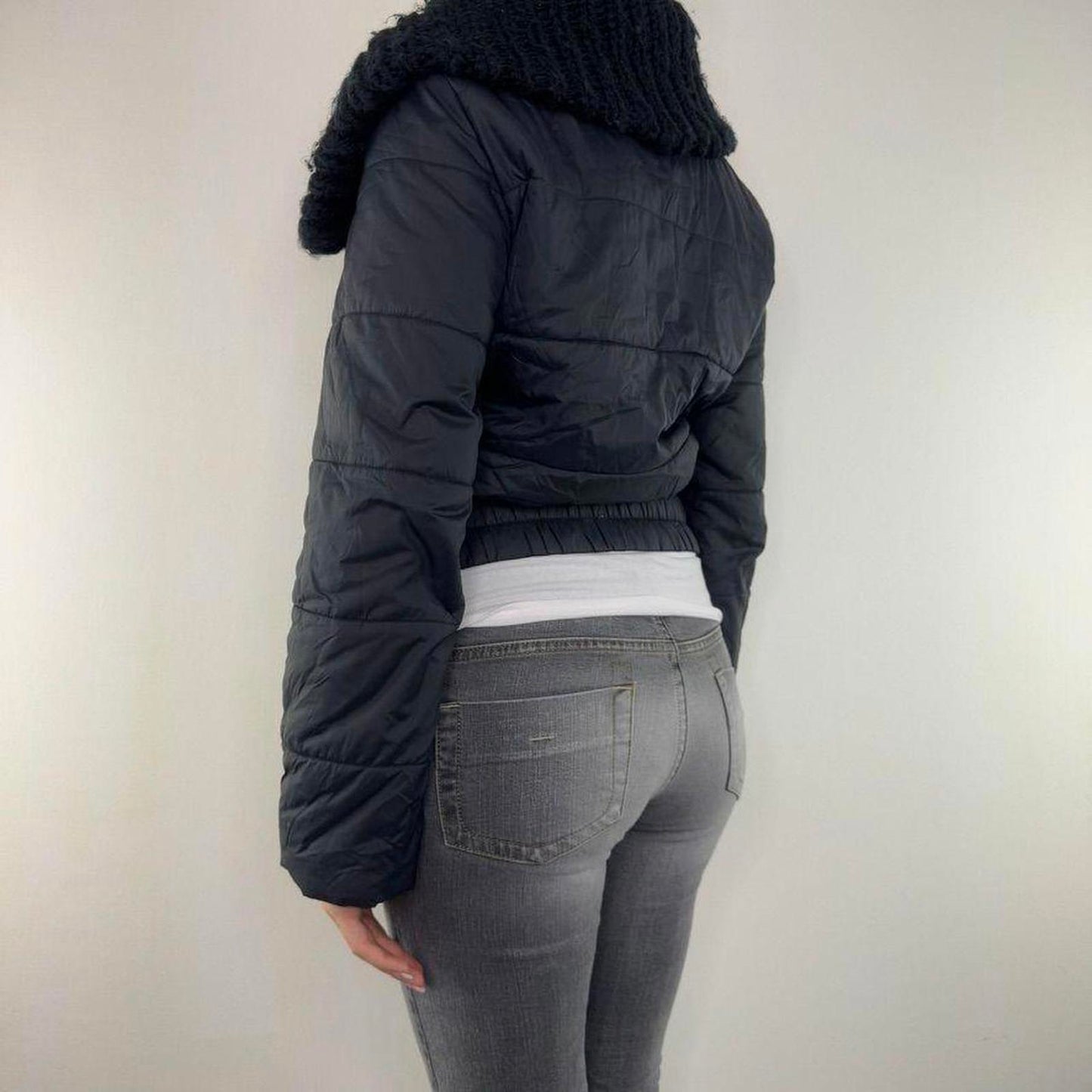 Y2K vintage Kookai short puffer coat asymmetrical zipper jacket knitted collar