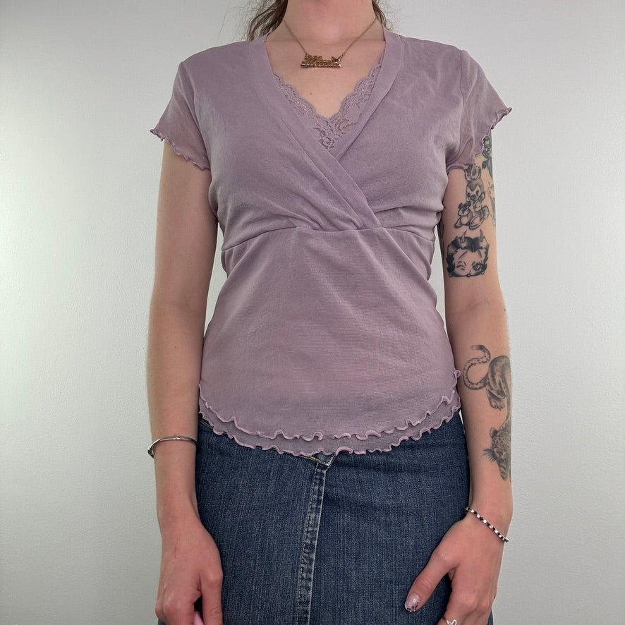 Y2K dusty lilac mesh lace trim top