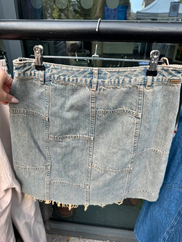 Vintage Y2K patchwork mini skirt denim boho fraying hem