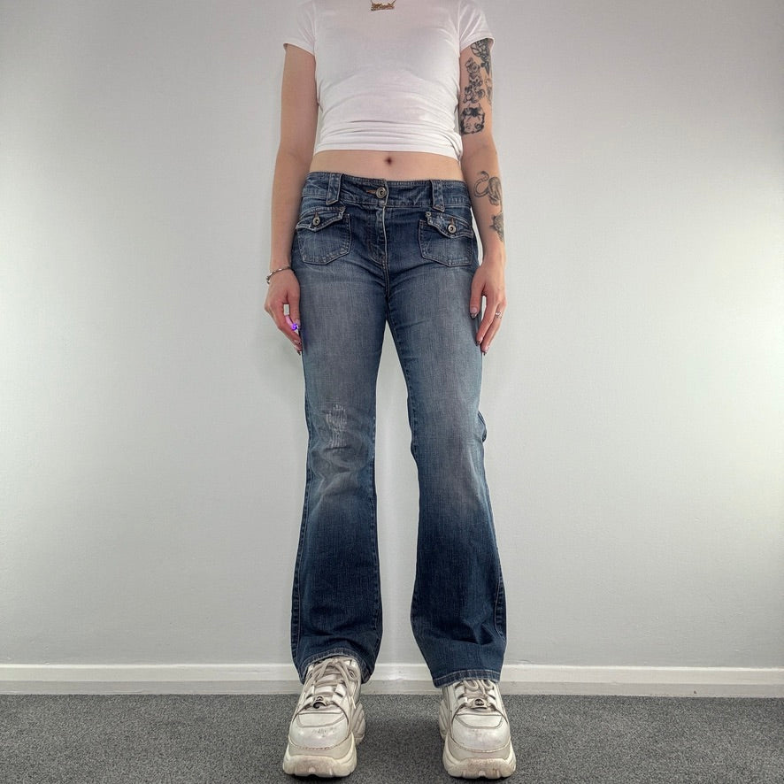 Y2K vintage mid rise faded denim bootcut embroidered distressed