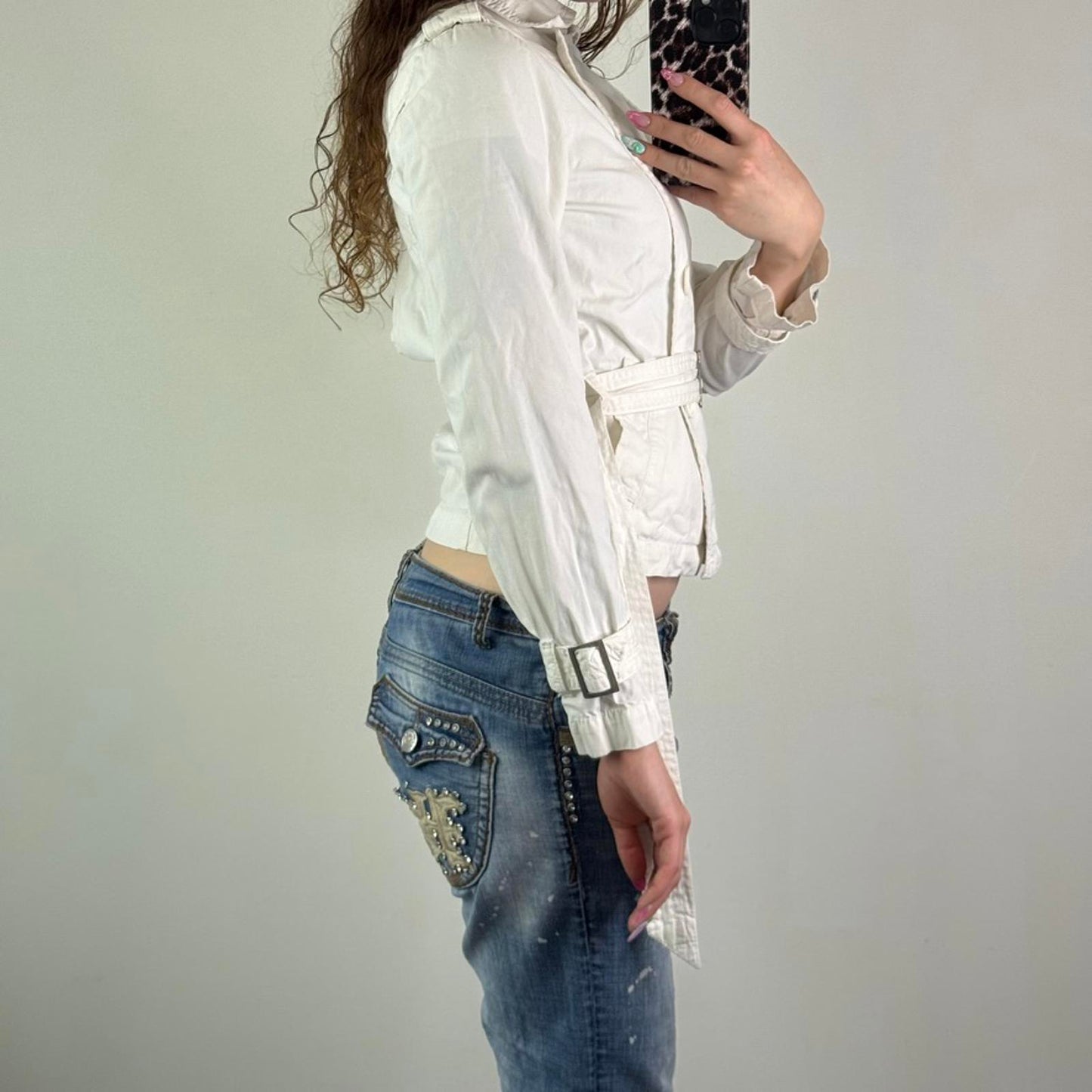 Y2K vintage lightweight button up jacket with belt short trench fitted high neck