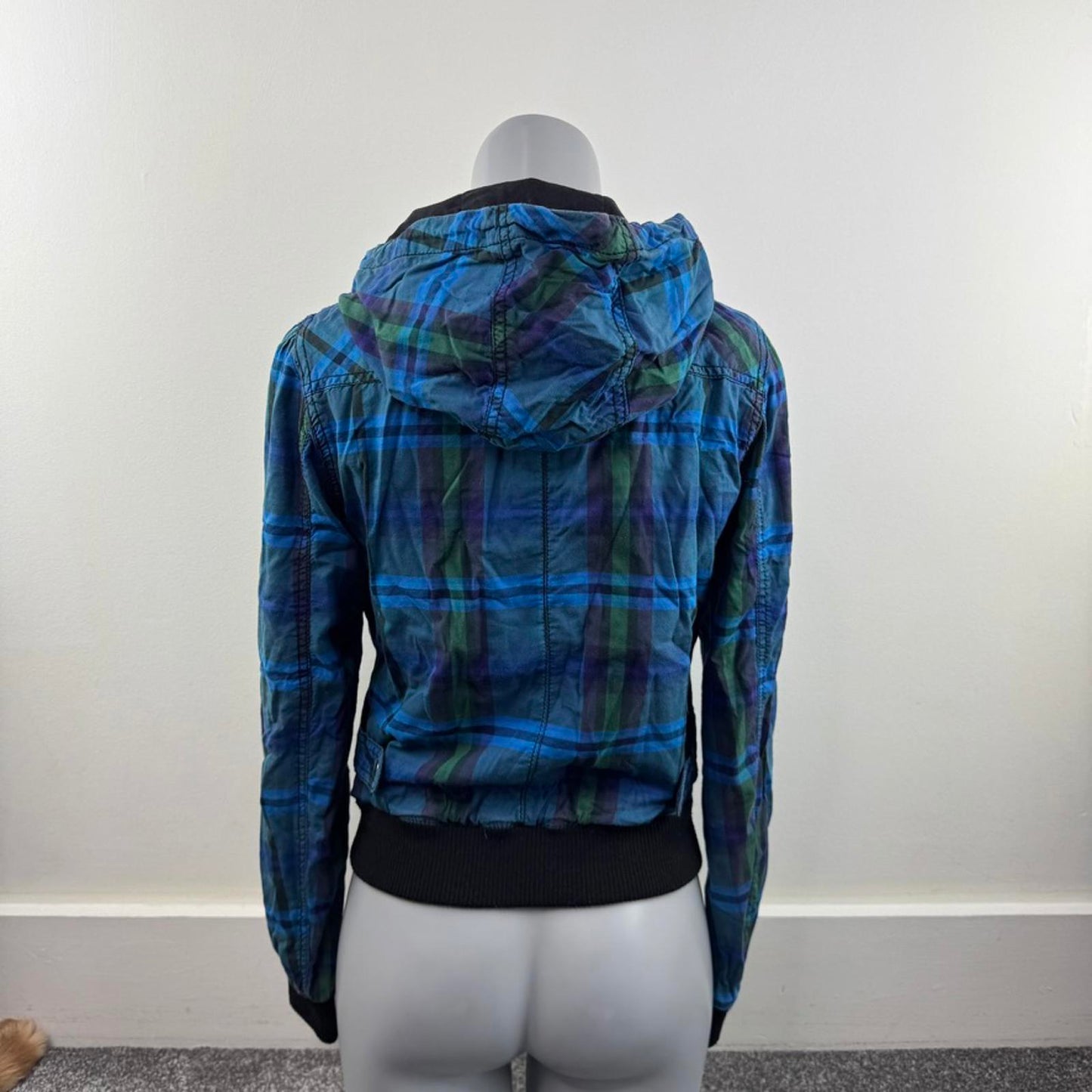 Y2K vintage tartan check zip up bomber jacket lightweight with hood plaid blue