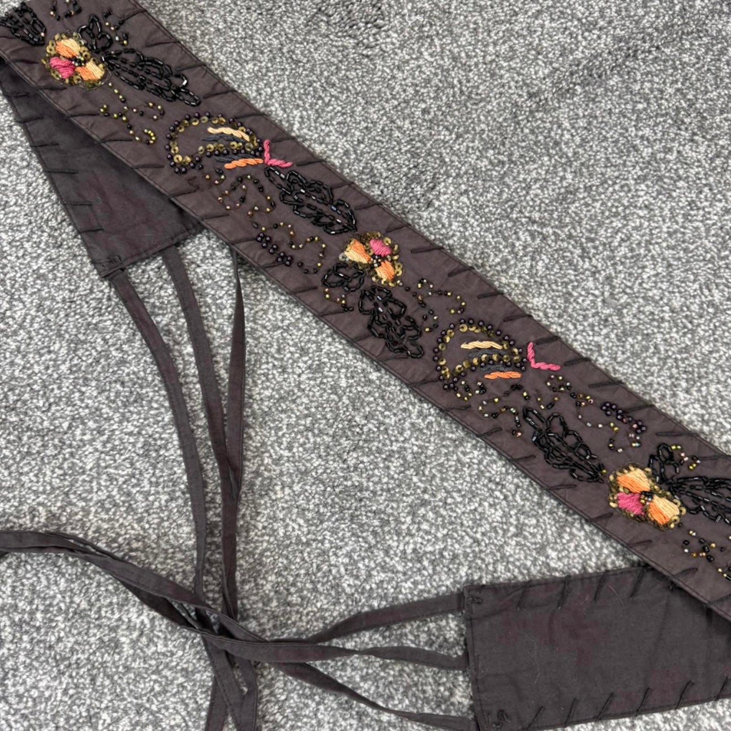 Y2K vintage adjustable floral belt sequin embroidery boho festival tassel bow