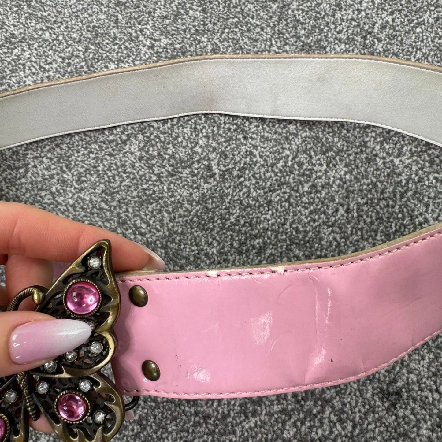 Y2K vintage faux patent leather butterfly belt rhinestone baby pink shiny
