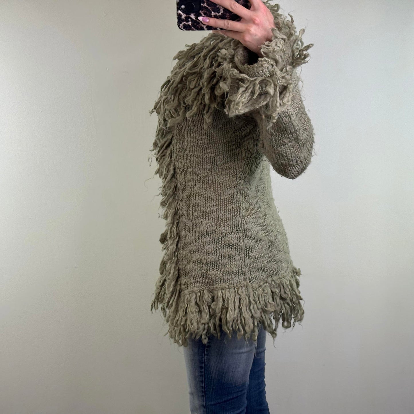 Y2K vintage wool blend shaggy chunky knit cardigan v neck mid length boho