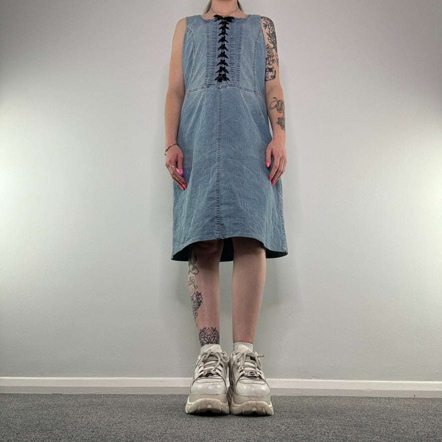 Y2K lace up stretchy denim midi dress