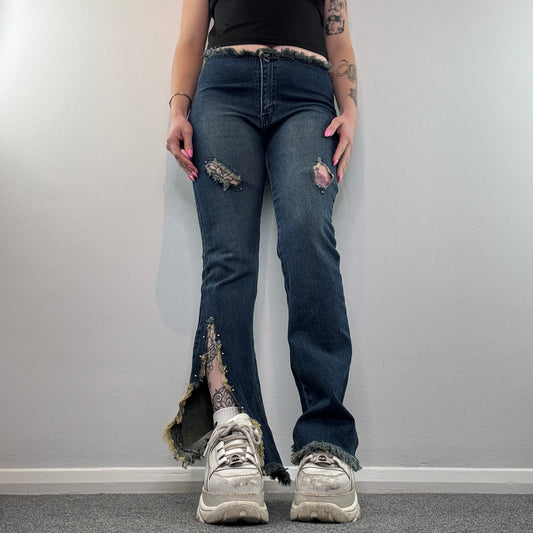 90s Y2K studded fraying flared jeans