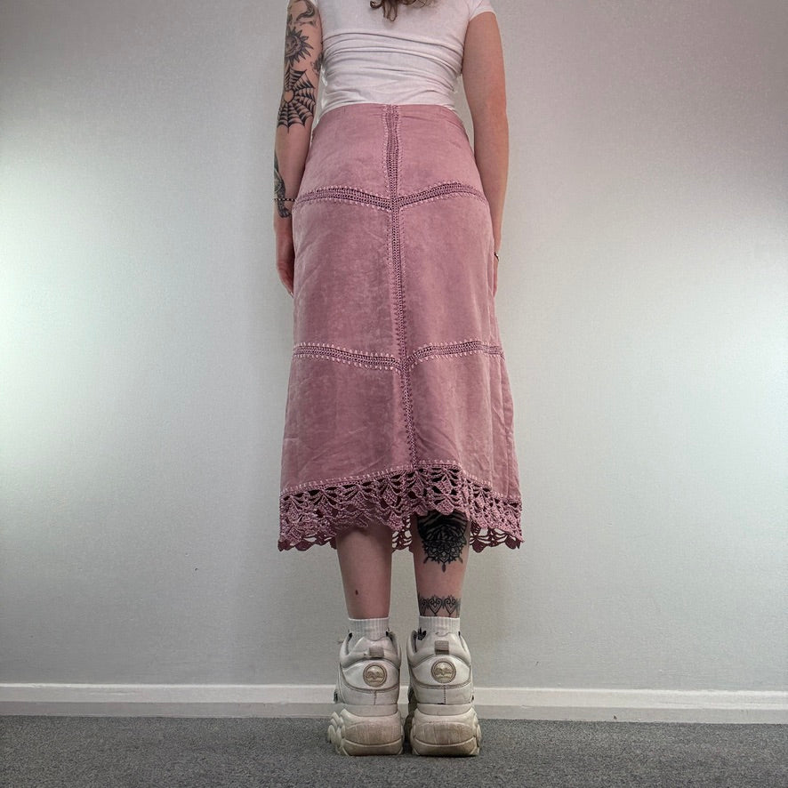 Y2K vintage faux suede patchwork festival maxi skirt