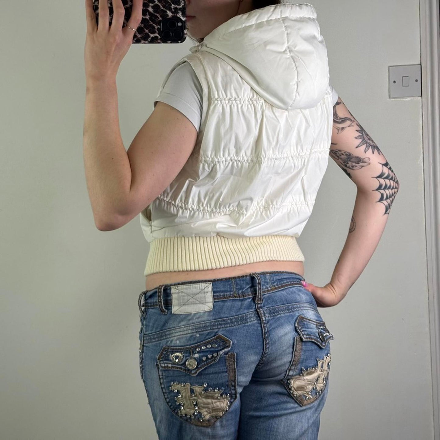 Y2K vintage ruched zip up gilet body warmer puffer hood sleeveless jacket