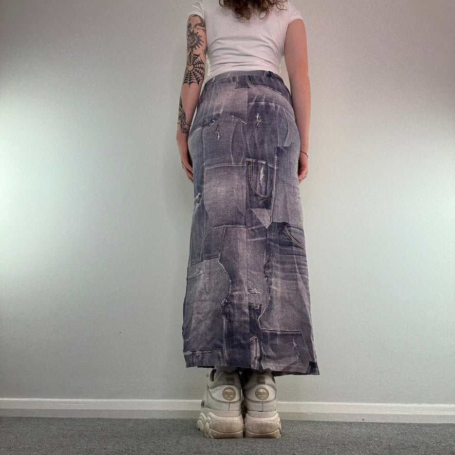 Y2K vintage denim printed pattern sparkly maxi skirt