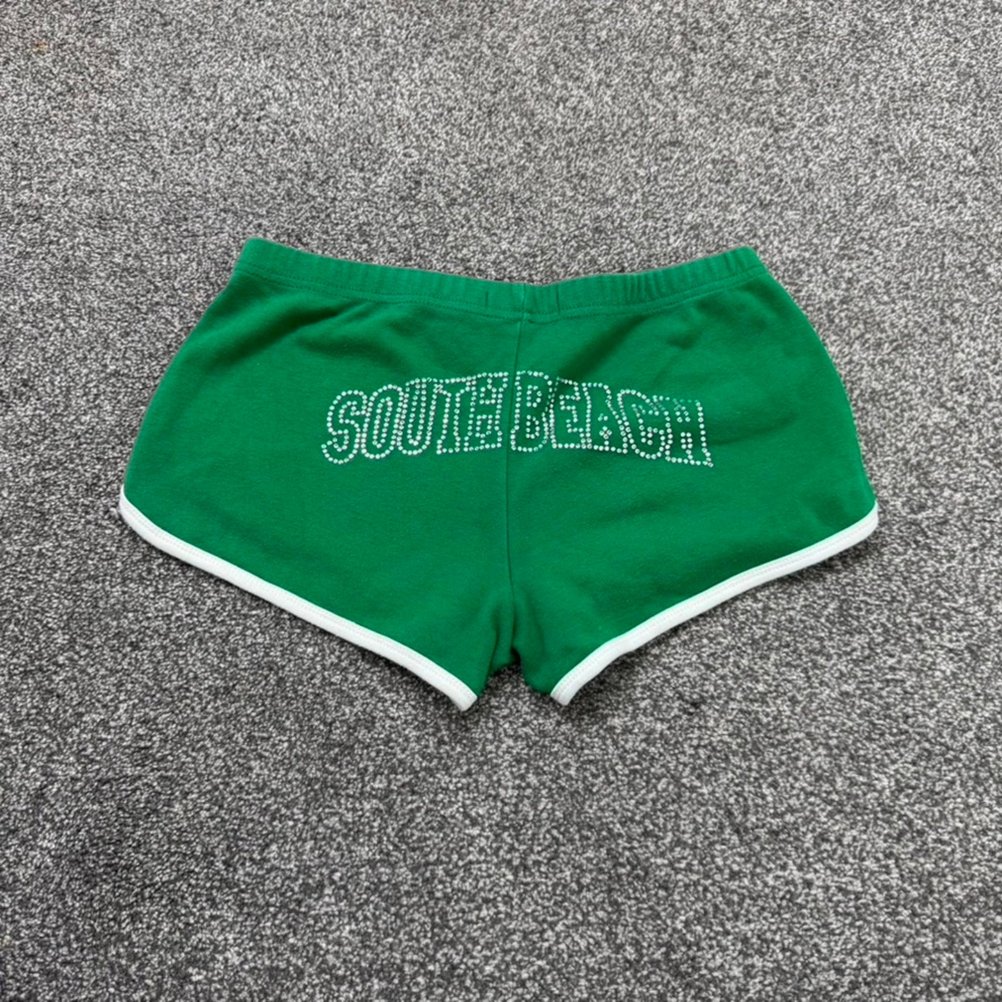 Y2K vintage low rise sporty rhinestone mini shorts jersey green white stretchy