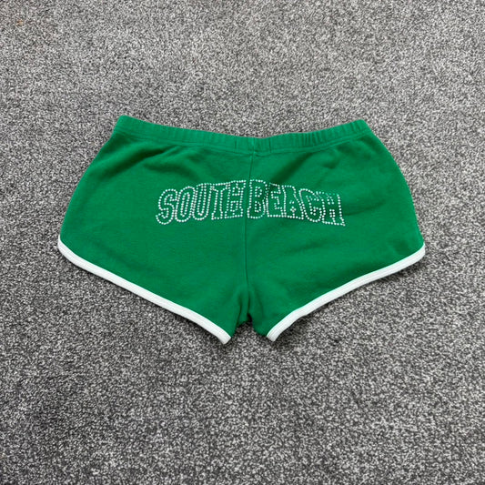 Y2K vintage low rise sporty rhinestone mini shorts jersey green white stretchy
