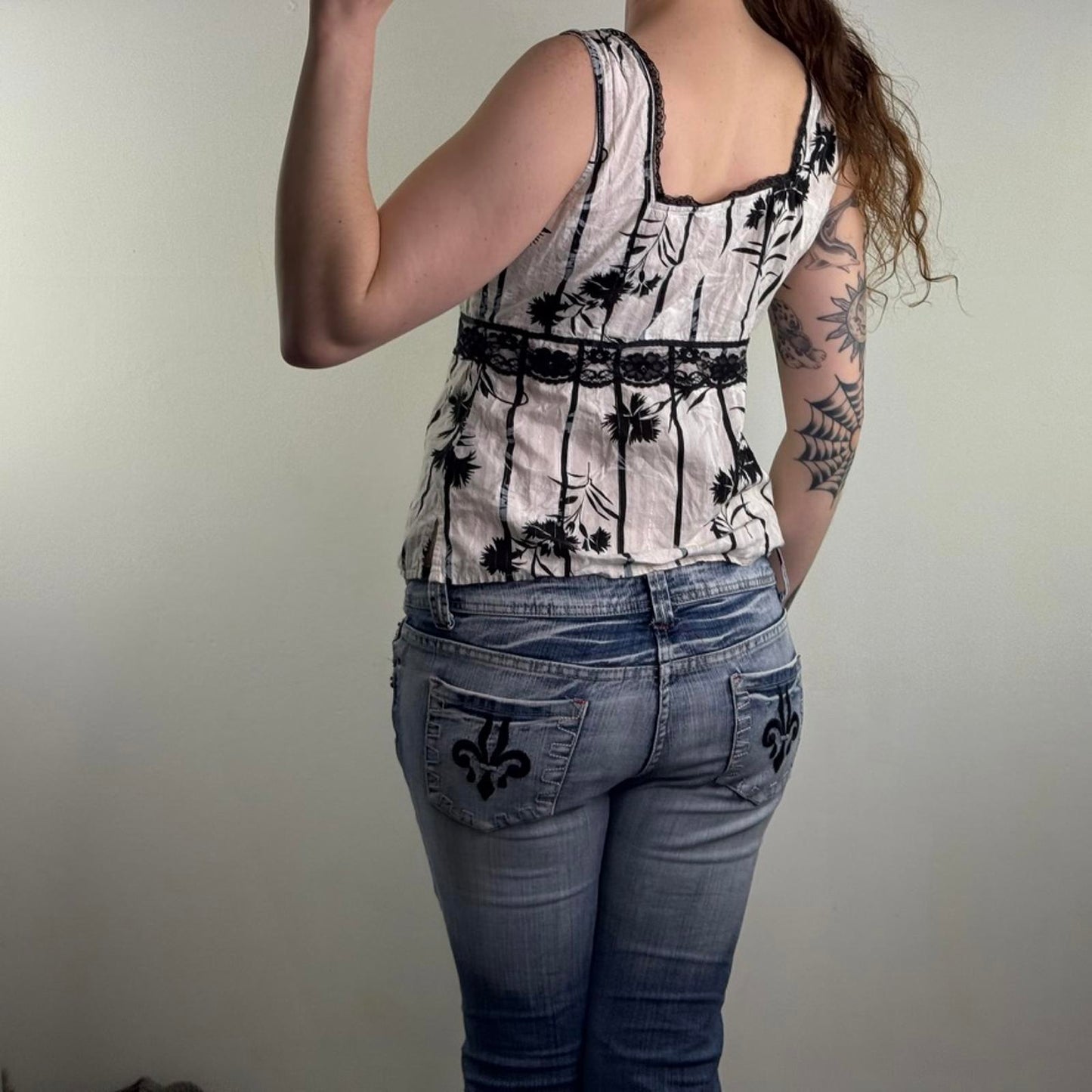 Y2K vintage square neck tank top lace trim sequin floral graphic print