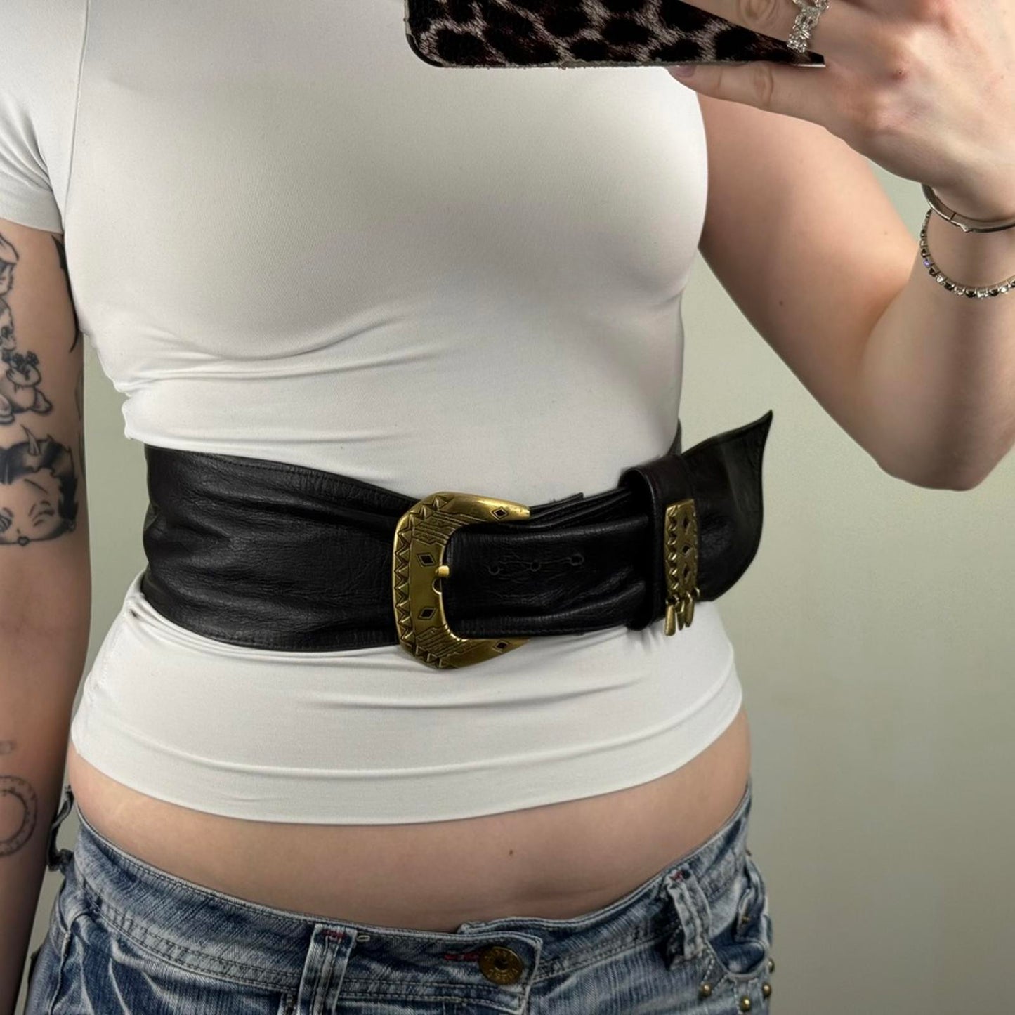 Y2K vintage genuine leather belt chunky gold charm buckle boho 90s oversized