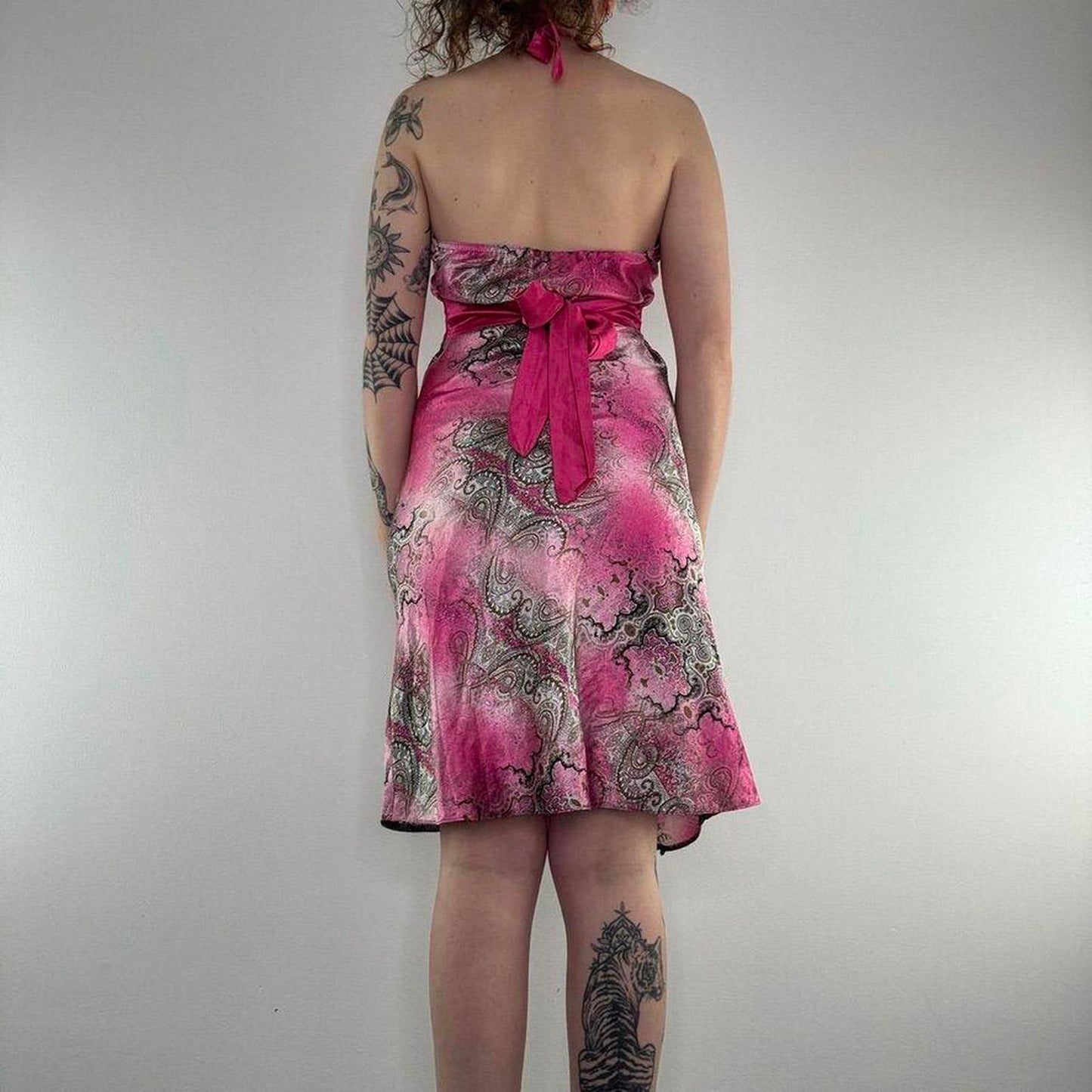 Y2K vintage ombre satin style floaty bow halter neck midi dress lightweight