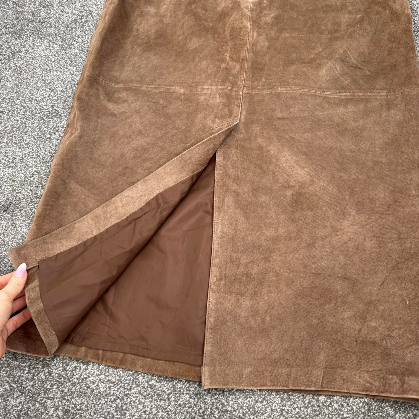 Y2K vintage genuine leather suede maxi skirt a line long full length brown