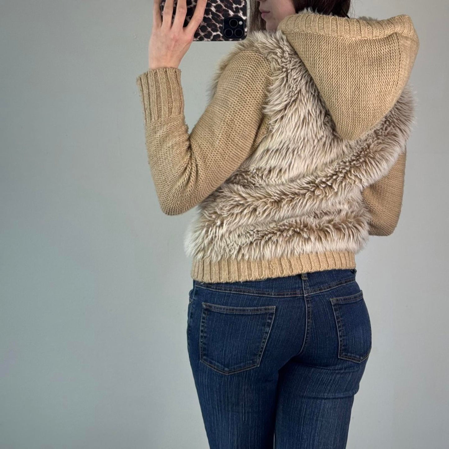 Y2K vintage faux fur zip up chunky knit hoodie mcbling