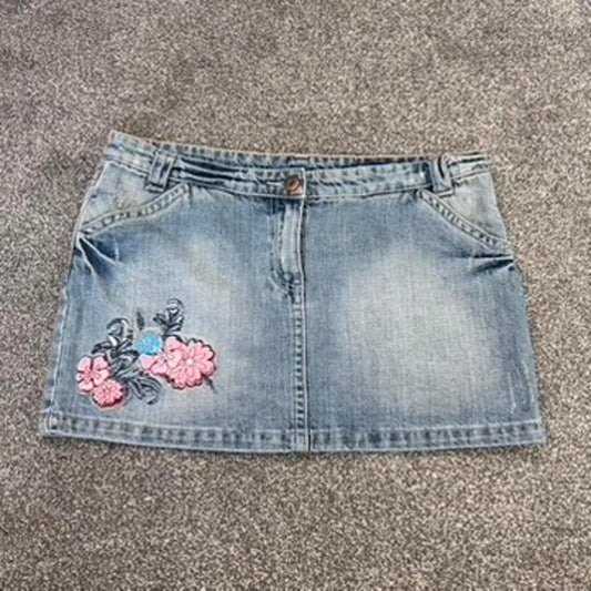 Y2K vintage mid rise faded denim mini skirt floral embroidery pink light blue