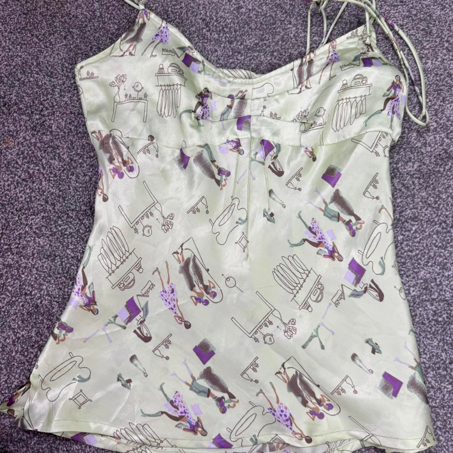 Y2K vintage graphic print satin strappy cami top fashion shopping light green