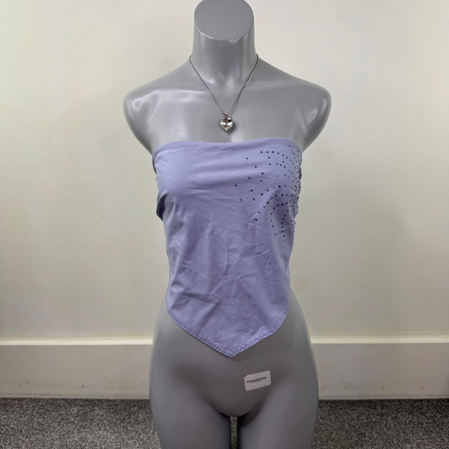 Y2K vintage strapless top handkerchief rhinestone v hem festival lilac stretchy
